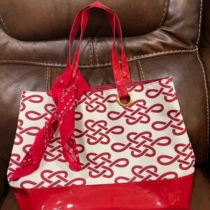 Red and White Canvas and Vinyl Tote Bag